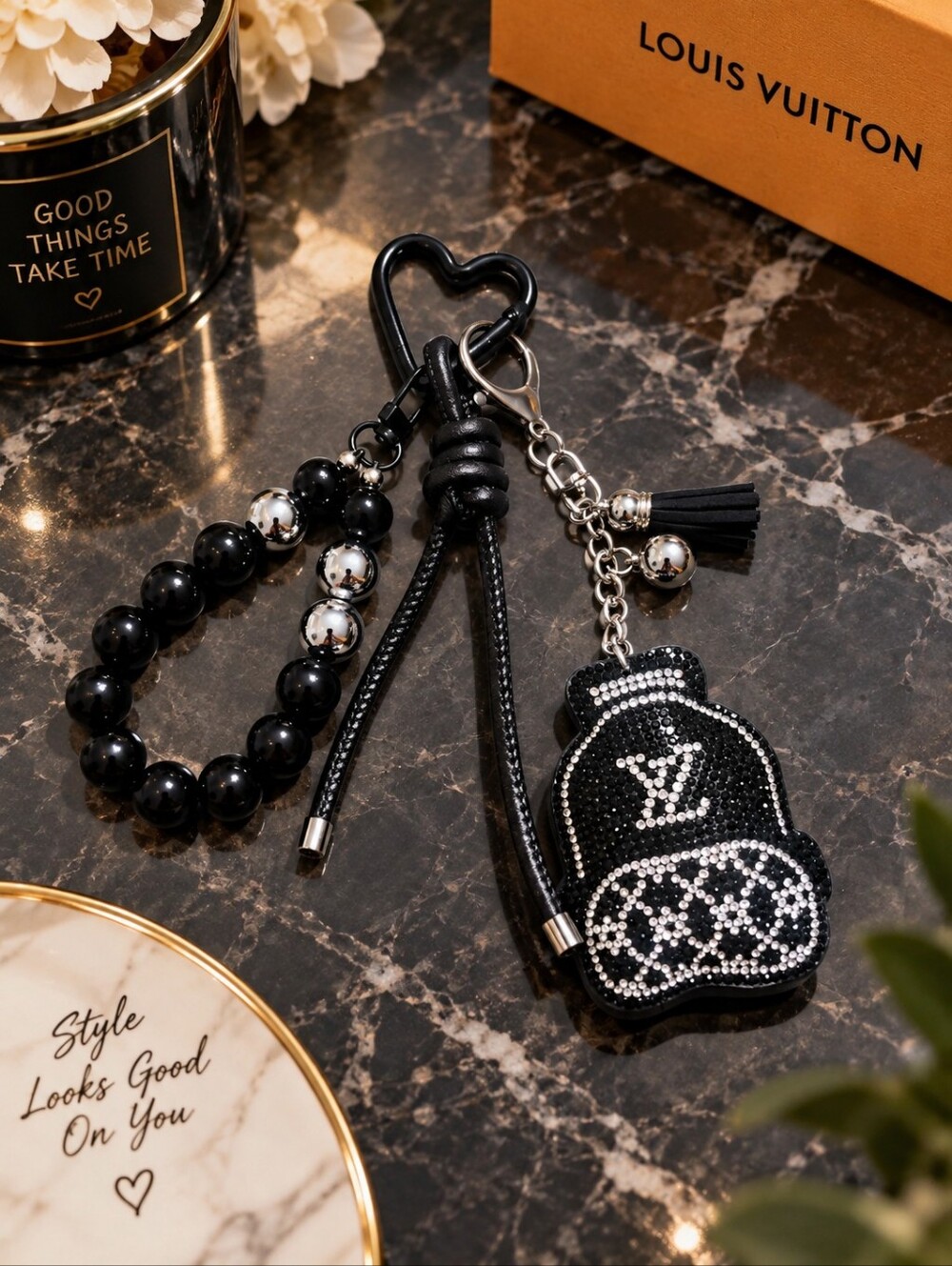 Louis Vuitton Black and Silver Keychain Charm NEW